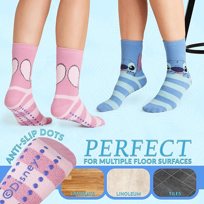 Disney Slippers Socks for Women & Teens US Size 4-9, Pack of 2 Non Slip Fleece Winter Socks, Soft & Fluffy, Gifts for Her