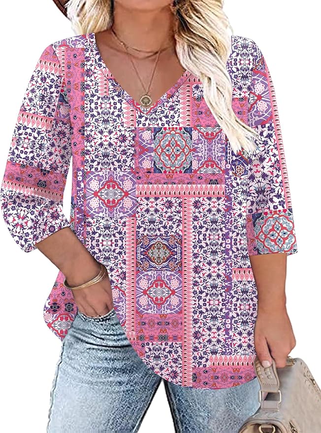 TFSDOD Womens Plus Size Tops V Neck T Shirts 3/4 Sleeve Blouse Summer Casual Tees XL-5X