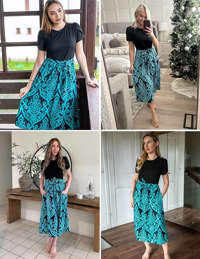 Zeagoo Womens Midi Dress Summer Short Sleeve Dress with Pockets 2025 Casual Floral T-Shirt Dress Flowy Beach Sundress