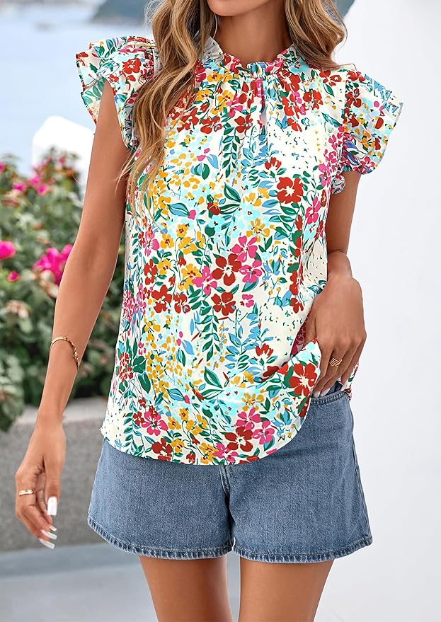 PRETTYGARDEN Women's Ruffle Short Sleeve Summer Tops 2026 Trendy Floral Trim Neck Casual Dressy Chiffon Boho Blouses Shirts