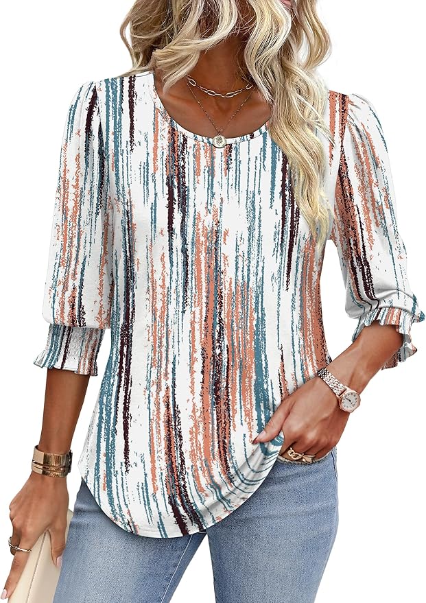 XIEERDUO Blouses for Women Dressy Casual 3/4 Length Sleeve Womens Tops with Smocked Cuffs