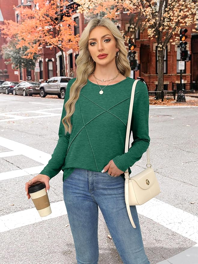 XIEERDUO Long Sleeve Shirts for Women Business Casual Tops Trendy Crewneck Fall T Shirts Pleated Loose Fit
