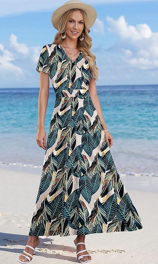 AUSELILY Maxi Dresses for Women Ankle Length Floral Print Beach Long Flowy Dress with Pockets