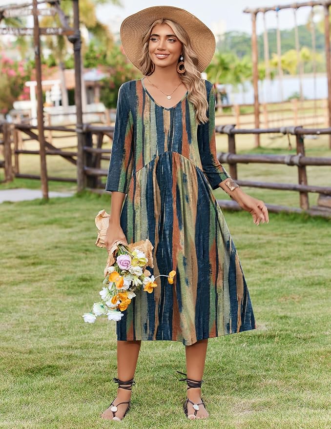 ZEAGOO 3/4 Sleeve Women's Dress Casual Flowy A-Line Midi Tshirt Dresses with Pocket Empire Waist Summer Boho Beach Sundress