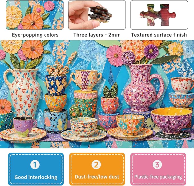 Naturelish Vibrant Teapot Ceramic Collage Jigsaw Puzzles for Adults 1000 Pieces, Irregularly Shaped Difficult Puzzles Perfect for Game Night, Great Gift Idea, Size 26.65 x 19.25 in
