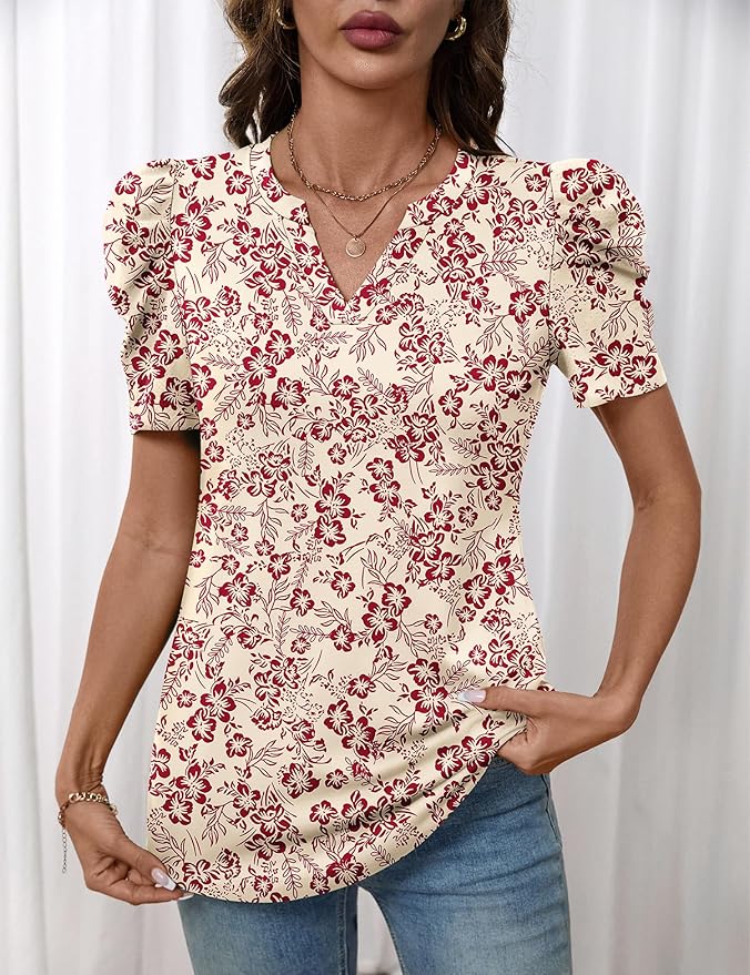 Lomon Spring Summer Tops for Women 2026 V Neck Puff Short Sleeve Tops Fashion Trendy Work Blouses Dressy Casual S-XXL