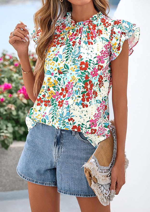 PRETTYGARDEN Women's Ruffle Short Sleeve Summer Tops 2026 Trendy Floral Trim Neck Casual Dressy Chiffon Boho Blouses Shirts