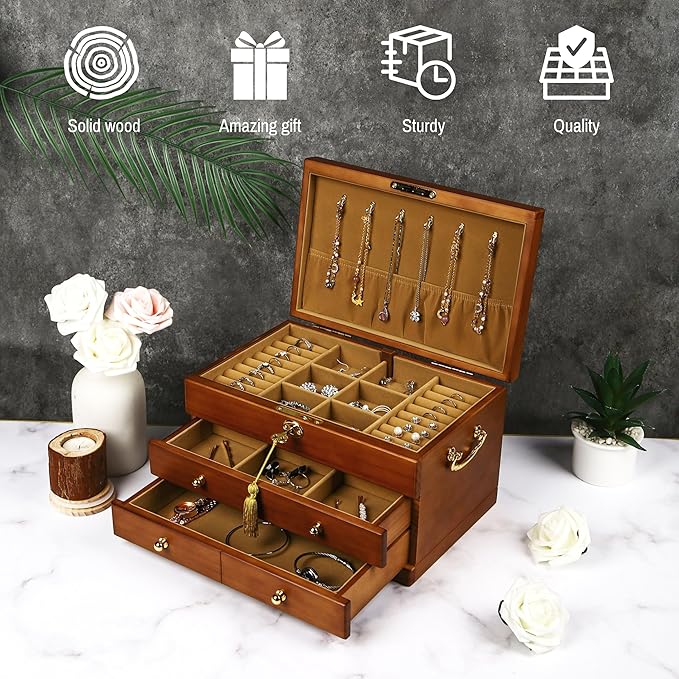 EURIELK Wooden Jewelry Box with Lock and Key for Women, 2 Drawers Medium Size Real Natural Wood Lockable Antique Organizer with Large Storage, Ring Compartments, Built in Necklace Hooks