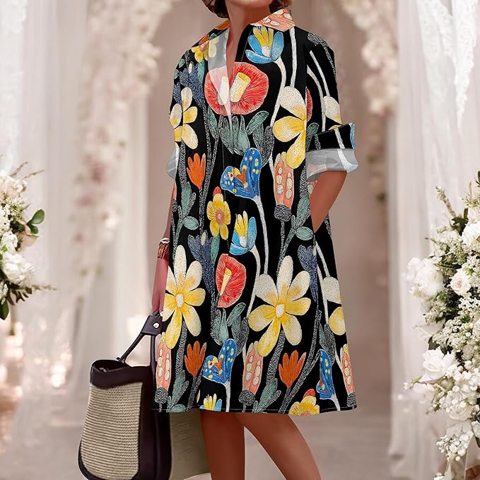 Shirt Dresses for Women 2025 Summer Long Sleeve Casual Plus Size Floral Printed Beach Vacation Dress with Pockets