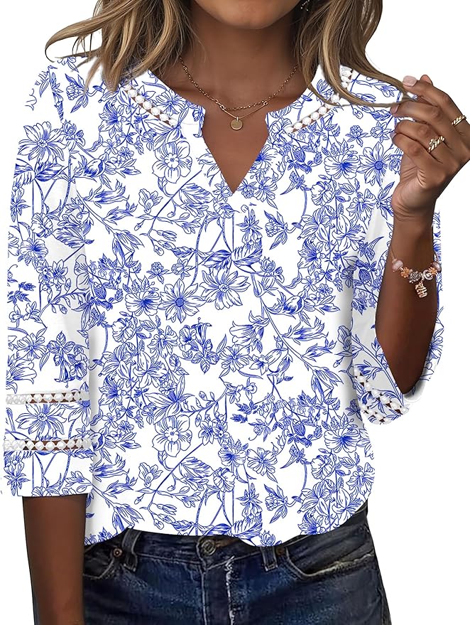 Ivicoer 3/4 Length Sleeve Womens Tops V Neck Lace Embroidered Summer Blouses Loose Fit Tunic Dressy Casual
