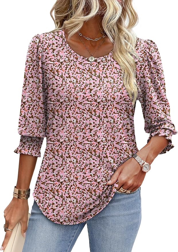 XIEERDUO Blouses for Women Dressy Casual 3/4 Length Sleeve Womens Tops with Smocked Cuffs
