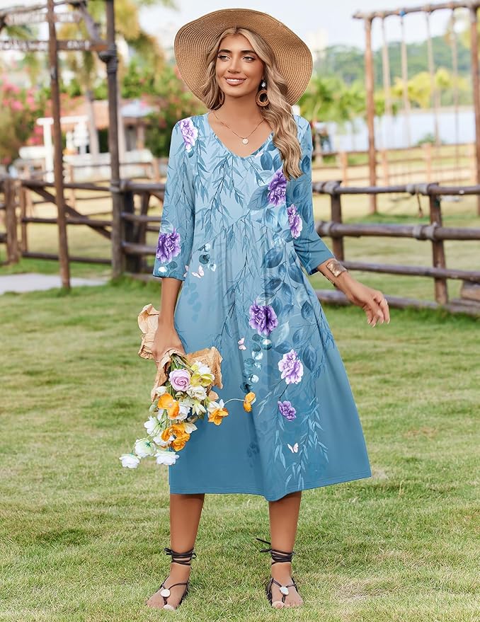 ZEAGOO 3/4 Sleeve Women's Dress Casual Flowy A-Line Midi Tshirt Dresses with Pocket Empire Waist Summer Boho Beach Sundress
