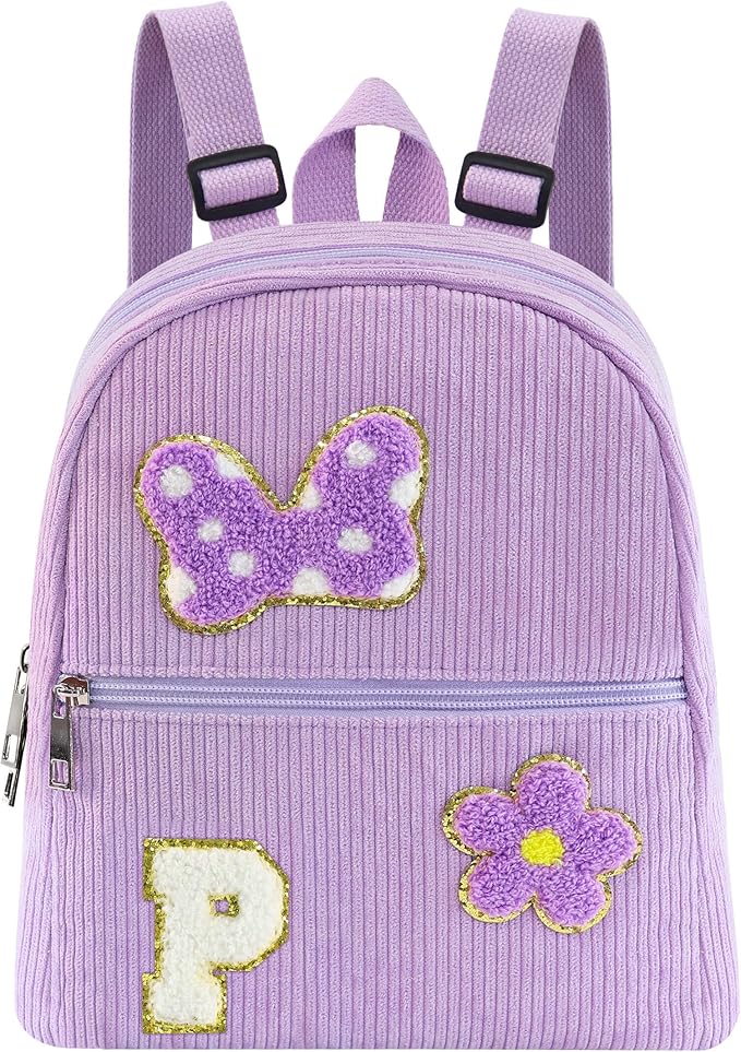 2 3 4 5 6 Year Old Girl Gifts Chenille Initial Mouse Bow Mini Backpack, Corduroy Toddler Backpacks Christmas Birthday Gifts for Girls 2-4 5-6, Purple Mini Diaper Bag Must Haves for Park Travel P