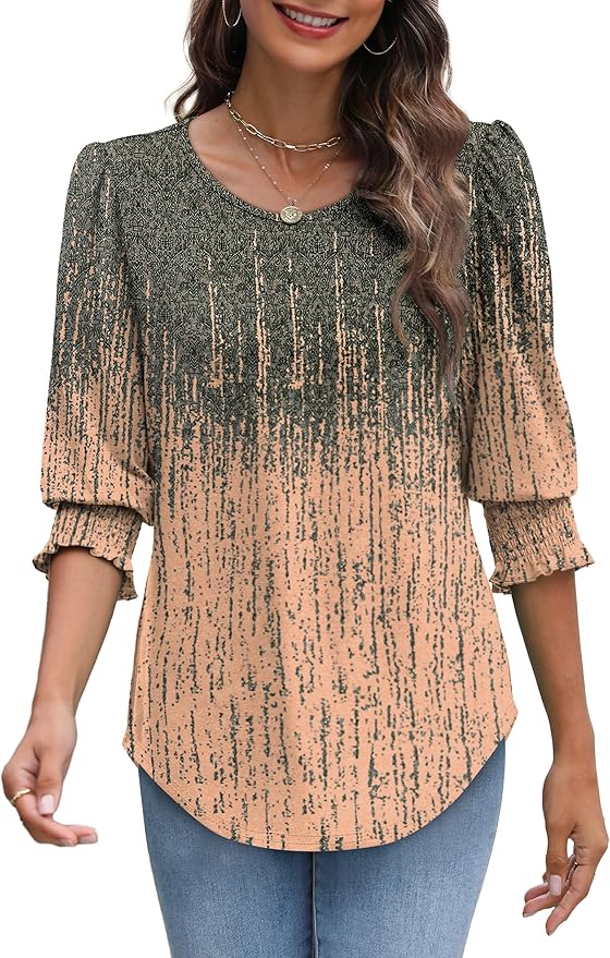 XIEERDUO Blouses for Women Dressy Casual 3/4 Length Sleeve Womens Tops with Smocked Cuffs