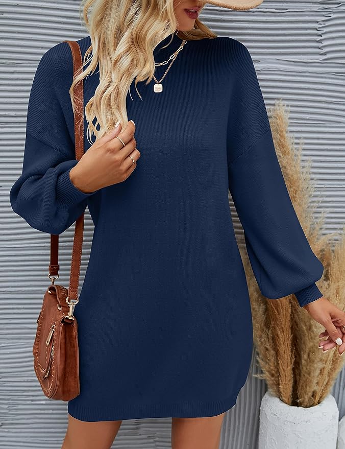 ZESICA Women's 2026 Fall Turtleneck Sweater Dress Oversized Long Lantern Sleeve Casual Knit Pullover Mini Dresses