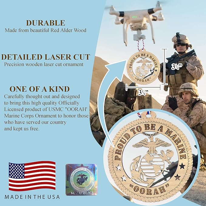 Jolette Designs Marine Corps Gifts - United States USMC Ornaments for Men and Women - Officially Licensed Oorah Christmas Tree Ornament - Wooden Marines Decorations for Home Decor - USA-Made