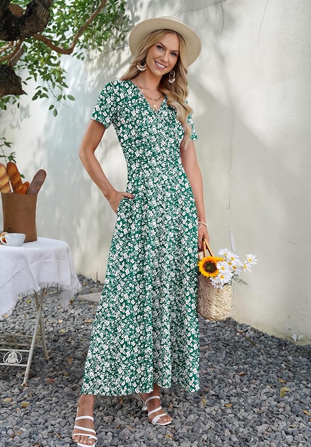 AUSELILY Maxi Dresses for Women Ankle Length Floral Print Beach Long Flowy Dress with Pockets