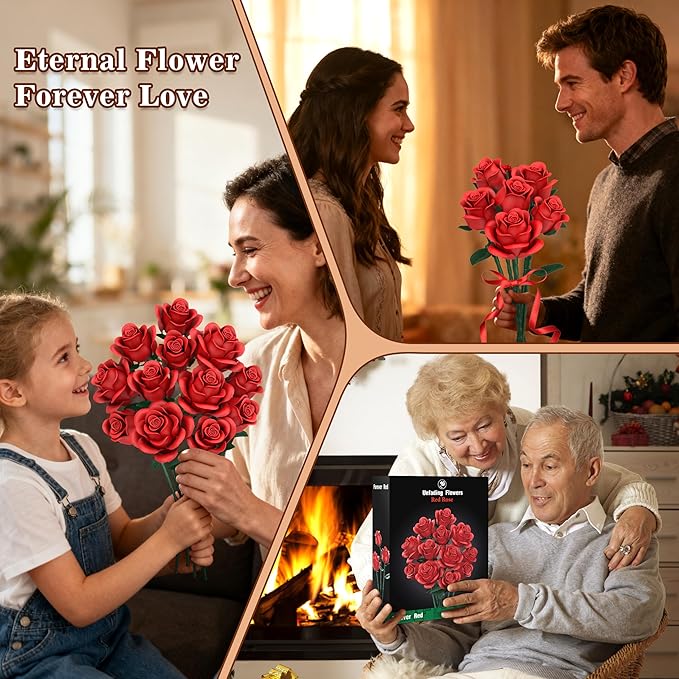 Red Roses Flower Bouquet Building Sets, 670Pcs Artificial Flowers Building Blocks Compatible with Lego Flowers Valentines Day Gifts for Her/Mom/Girlfriend/Wife/Couple Romantic Table Home Decor