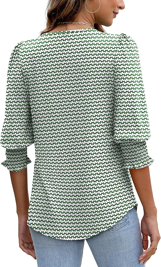 XIEERDUO Blouses for Women Dressy Casual 3/4 Length Sleeve Womens Tops with Smocked Cuffs