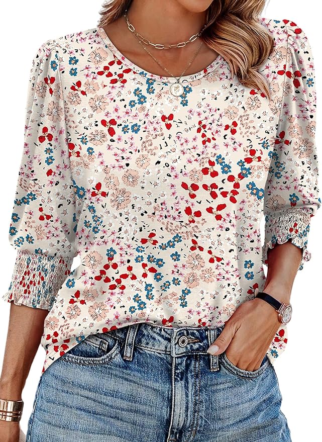 XIEERDUO Blouses for Women Dressy Casual 3/4 Length Sleeve Womens Tops with Smocked Cuffs