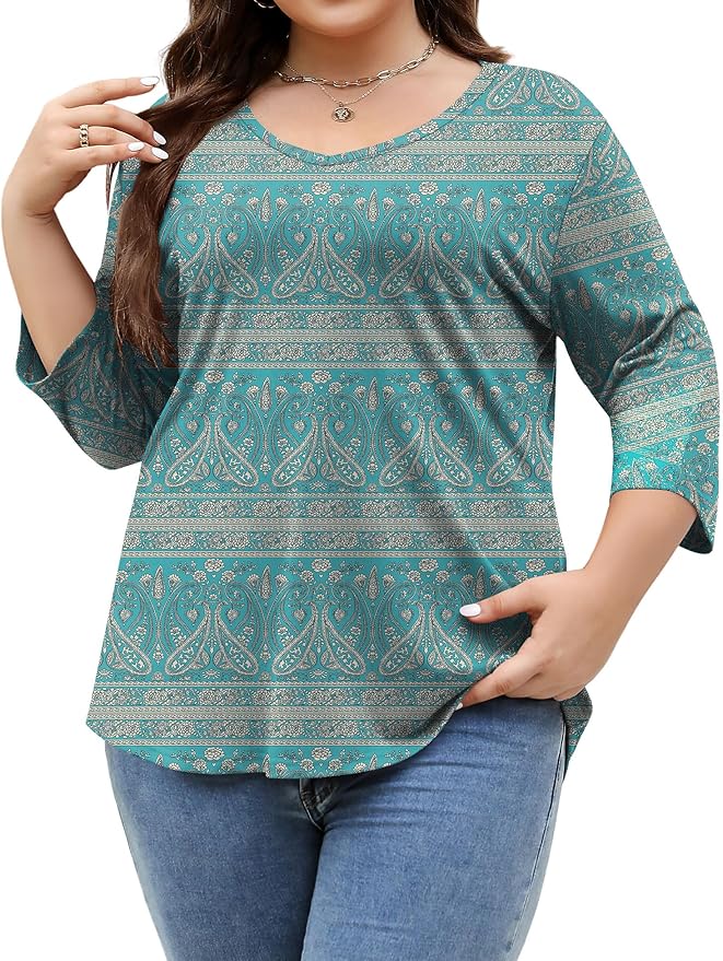TFSDOD Womens Plus Size Tops V Neck T Shirts 3/4 Sleeve Blouse Summer Casual Tees XL-5X