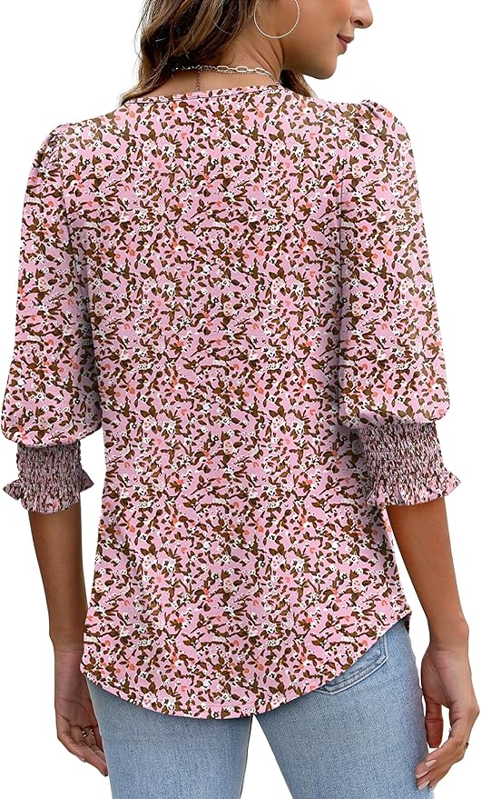 XIEERDUO Blouses for Women Dressy Casual 3/4 Length Sleeve Womens Tops with Smocked Cuffs