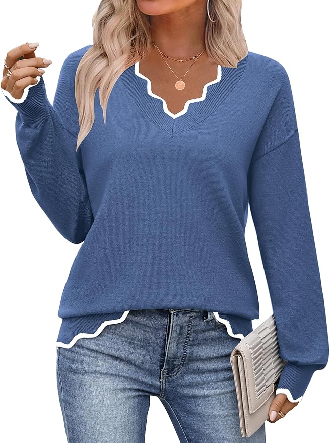 Zeagoo Women's 2026 Fall V Neck Sweater Casual Long Sleeve Lightweight Ribbed Knit Pullover Sweaters Dressy Casual Tops