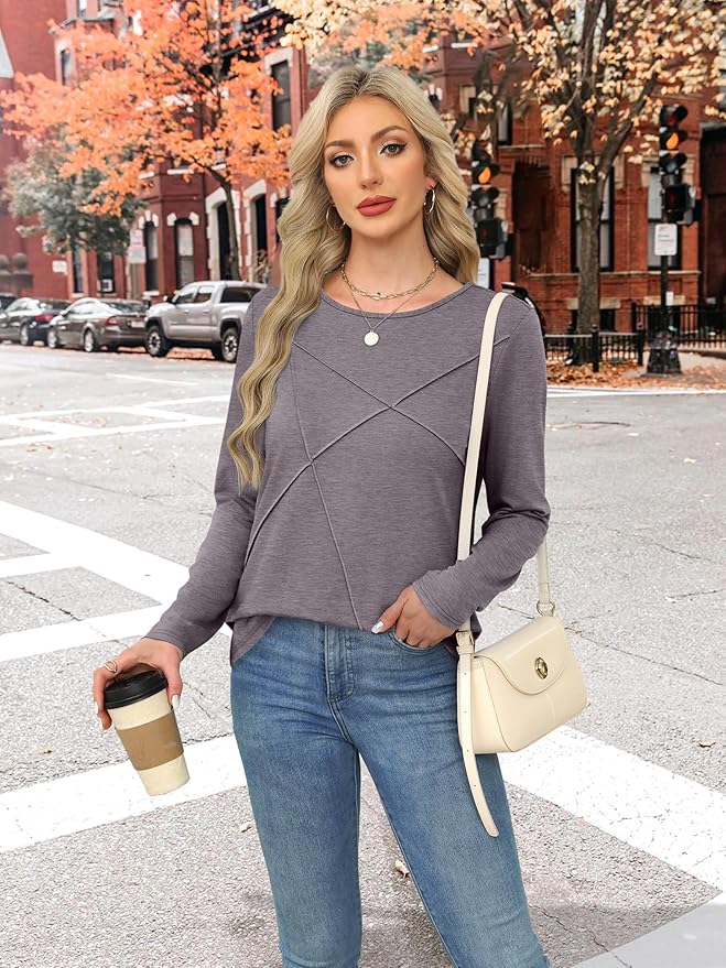 XIEERDUO Long Sleeve Shirts for Women Business Casual Tops Trendy Crewneck Fall T Shirts Pleated Loose Fit