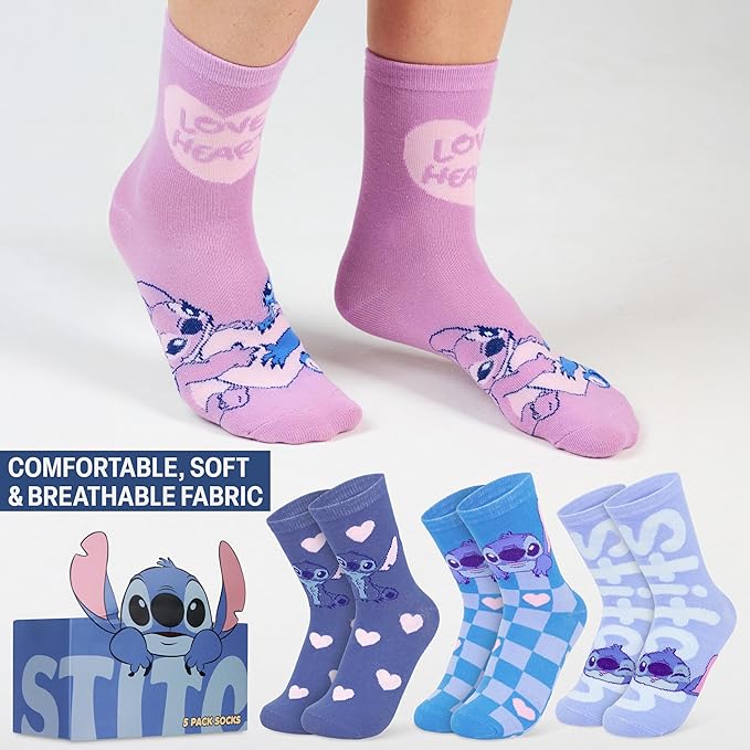 Disney Socks for Women, Teens, 5 Pack Soft Breathable Crew Character Socks for Lounging, Daily Wear, Funny Gifts for Women