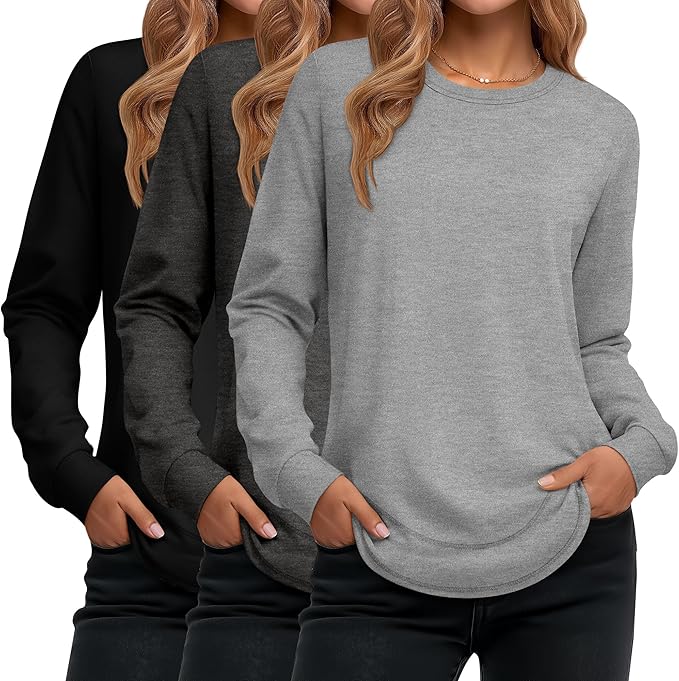 Ficerd 3 Pack Women's Long Sleeve Shirts, Cotton Crew Neck Tunic Tops Casual Loose Fit Pullover Sweatshirts Curved Hem Shirts