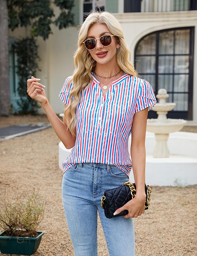 Blooming Jelly Women's Dressy Casual Tops Business Work Blouses White Button Down Shirts Cap Sleeve V Neck Tshirt