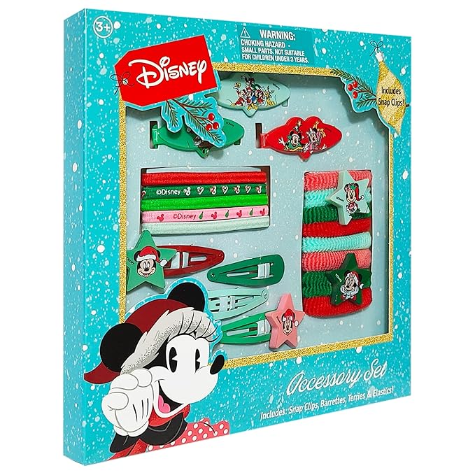 Luv Her Disney Girls' Hair Accessories Set - 20 Pack Featuring Mickey & Minnie Christmas themed - Includes 3 Barrettes, 4 Snap Clips, 5 Elastics, 8 Terry Ponies - Everyday Wear, Ages 3+