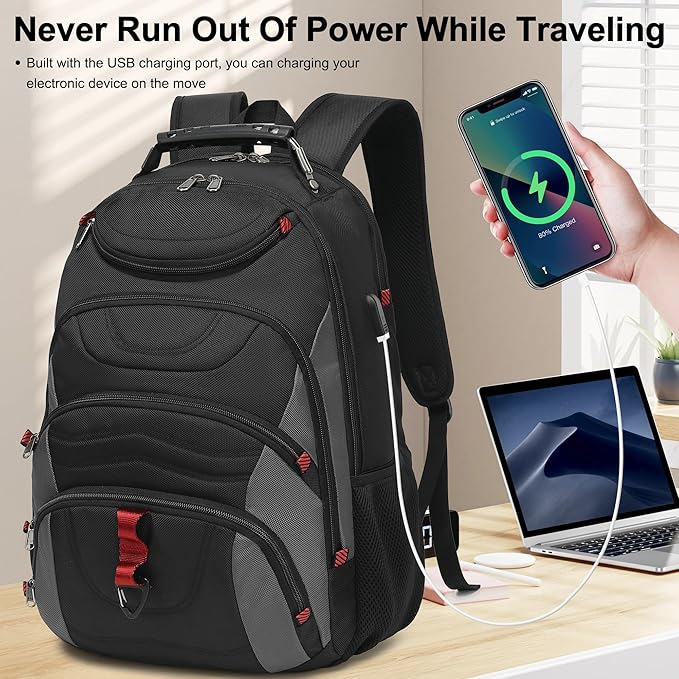 Boavan Laptop Backpack for men, 17.3 inch Laptop Bag with USB Port, Waterproof Travel Work Backpack Purse, Anti-Theft Teacher Nurse Doctor Casual Bookbags Office Business backpack，Black&Dark Grey