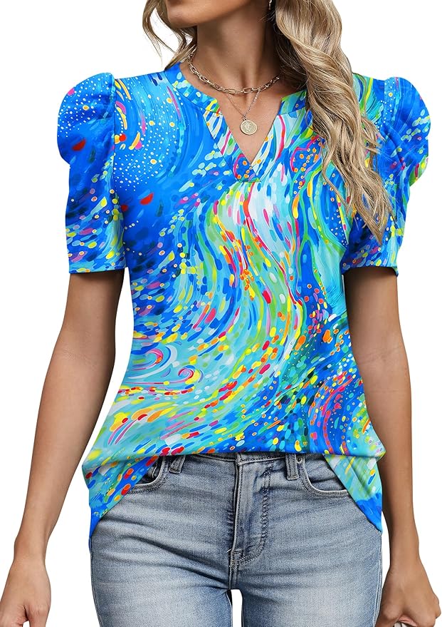 Lomon Spring Summer Tops for Women 2026 V Neck Puff Short Sleeve Tops Fashion Trendy Work Blouses Dressy Casual S-XXL