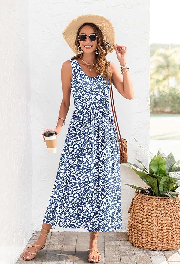 WNEEDU Women's Summer Maxi Dress 2026 Casual Sleeveless Hawaiian Sundress Tropical Long Dress Beach Vacation Outfit