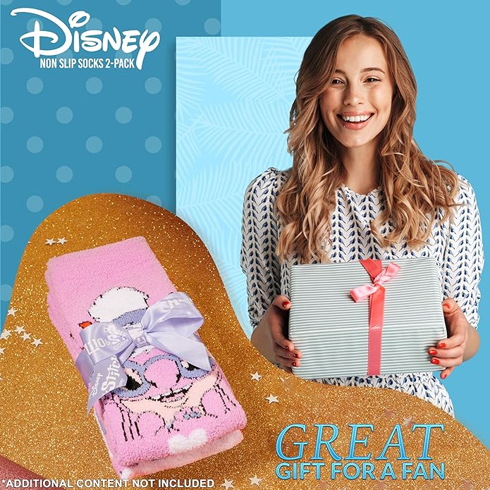 Disney Slippers Socks for Women & Teens US Size 4-9, Pack of 2 Non Slip Fleece Winter Socks, Soft & Fluffy, Gifts for Her