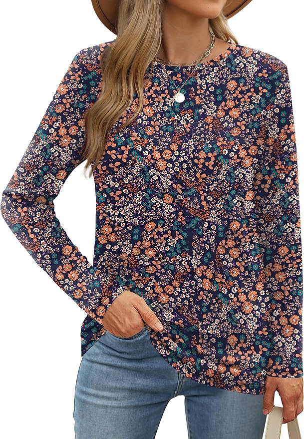 XIEERDUO Long Sleeve Shirts for Women Casual Crew Neck Basic Fall Tops Loose Fit Comfy