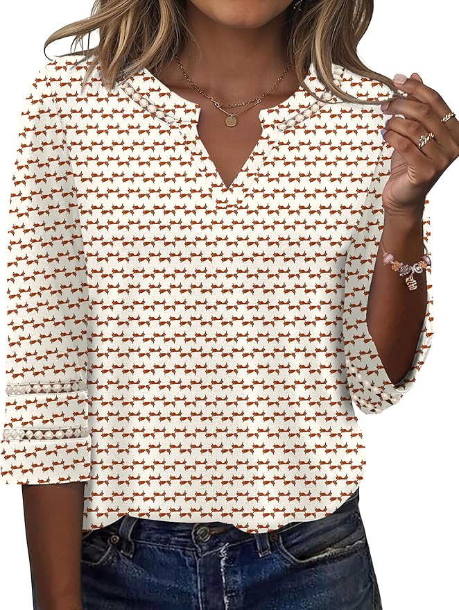 Ivicoer 3/4 Length Sleeve Womens Tops V Neck Lace Embroidered Summer Blouses Loose Fit Tunic Dressy Casual