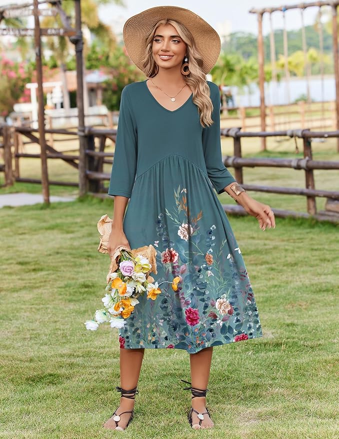 ZEAGOO 3/4 Sleeve Women's Dress Casual Flowy A-Line Midi Tshirt Dresses with Pocket Empire Waist Summer Boho Beach Sundress