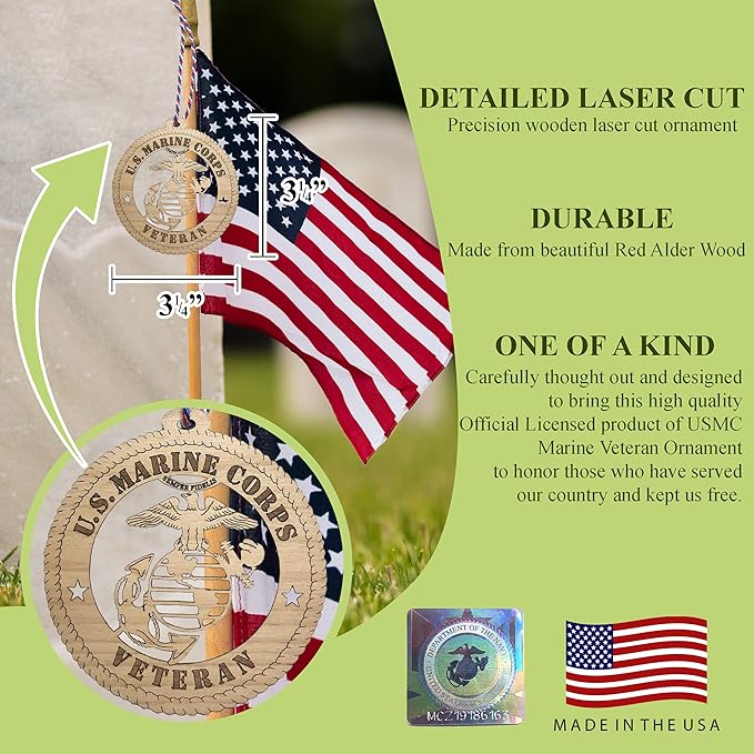 Jolette Designs Marine Corps Gifts - Licensed USMC Christmas Ornament for Veterans - Wooden Hanging United States Marine Corps Decorations - Marine Corps Decor for Dad, Mom - Veteran Xmas Ornaments