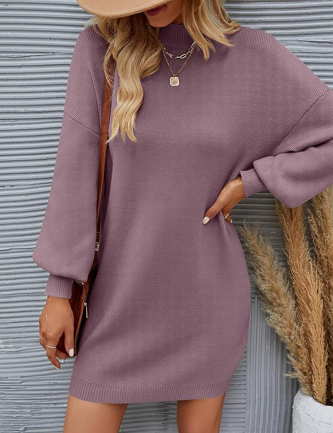 ZESICA Women's 2026 Fall Turtleneck Sweater Dress Oversized Long Lantern Sleeve Casual Knit Pullover Mini Dresses