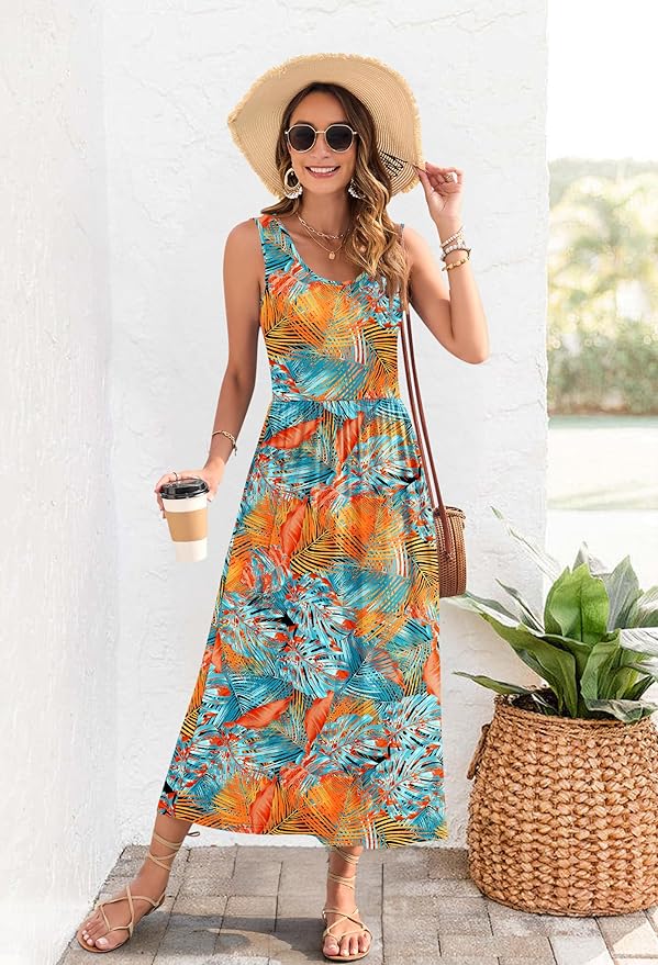 WNEEDU Women's Summer Maxi Dress 2026 Casual Sleeveless Hawaiian Sundress Tropical Long Dress Beach Vacation Outfit