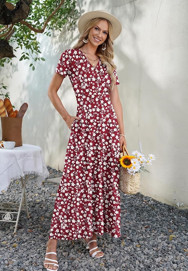 AUSELILY Maxi Dresses for Women Ankle Length Floral Print Beach Long Flowy Dress with Pockets