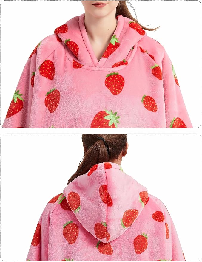KFUBUO Wearable Blanket Hoodie for Adult Long Sherpa Strawberry Patterns Oversized Sweatshirt Blanket with Pockets Birthday Gifts for Women