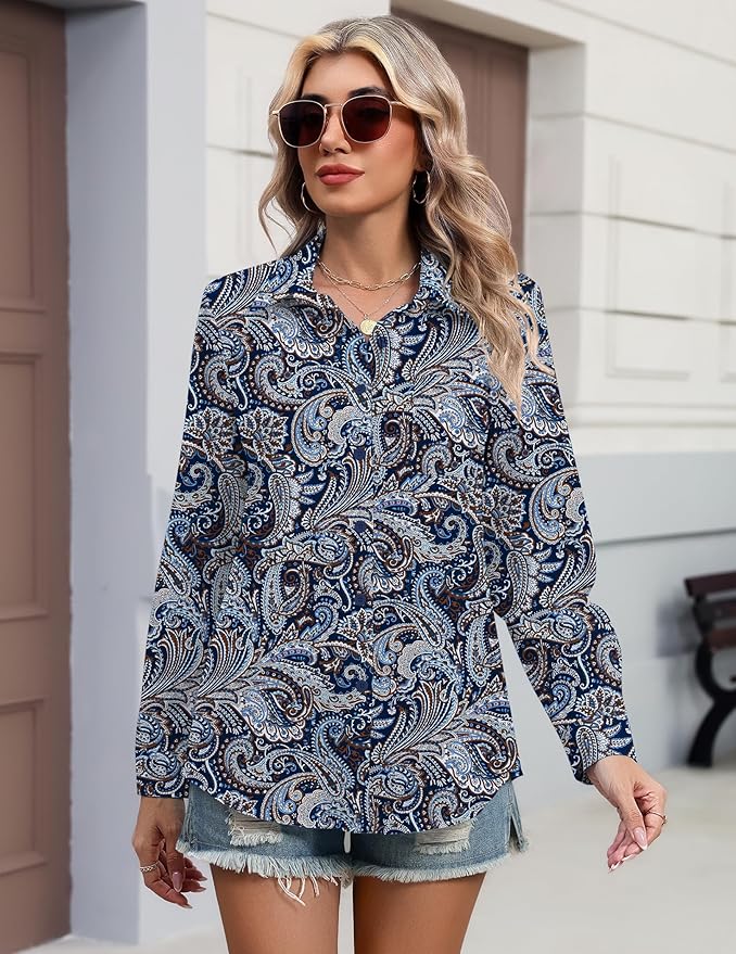 HOTOUCH Button Down Shirts for Women Long Sleeve Blouse Dressy Casual Business Work Tops with Pocket