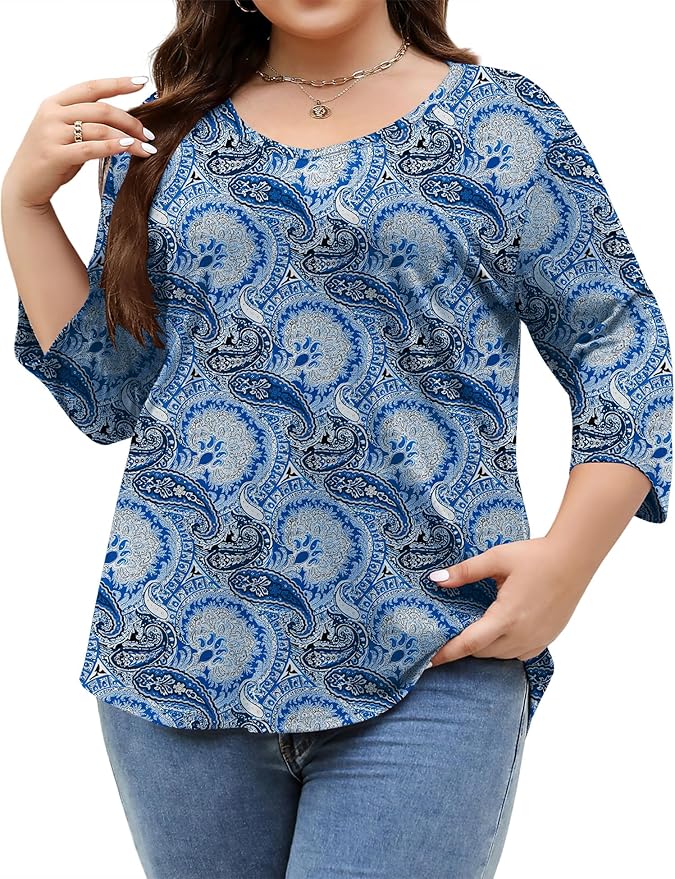 TFSDOD Womens Plus Size Tops V Neck T Shirts 3/4 Sleeve Blouse Summer Casual Tees XL-5X