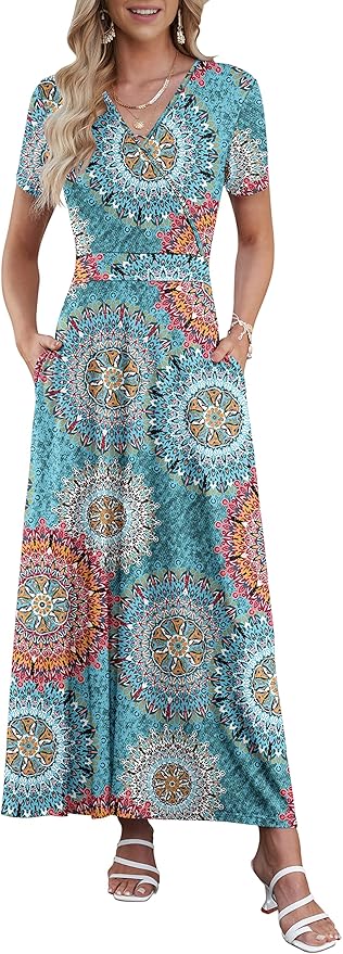 AUSELILY Maxi Dresses for Women Ankle Length Floral Print Beach Long Flowy Dress with Pockets
