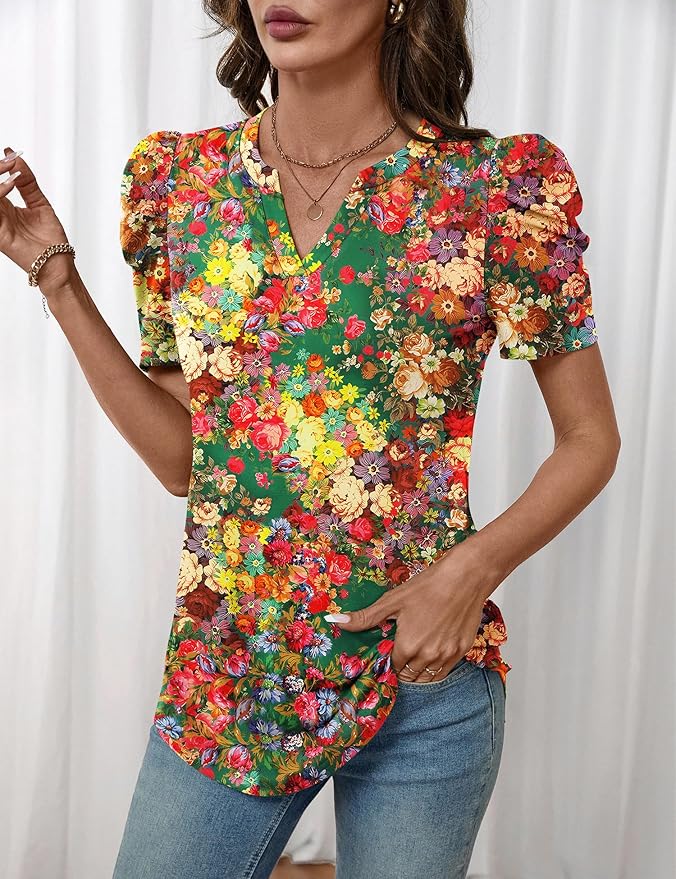Lomon Spring Summer Tops for Women 2026 V Neck Puff Short Sleeve Tops Fashion Trendy Work Blouses Dressy Casual S-XXL