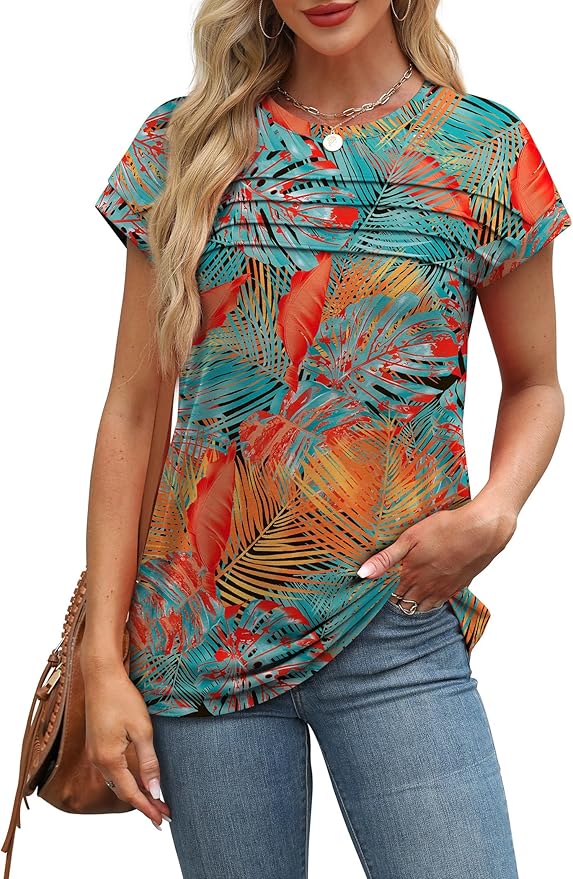 WEESO Womens Summer Tops Trendy 2026 Cap Sleeve T Shirts Crew Neck Pleated Front Beach Vacation Clothes Fashion