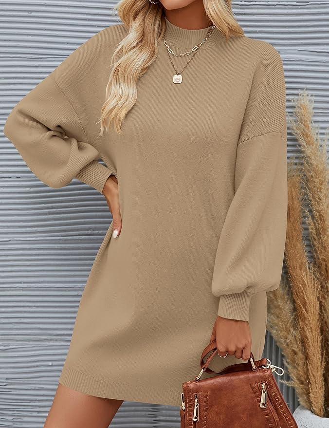 ZESICA Women's 2026 Fall Turtleneck Sweater Dress Oversized Long Lantern Sleeve Casual Knit Pullover Mini Dresses